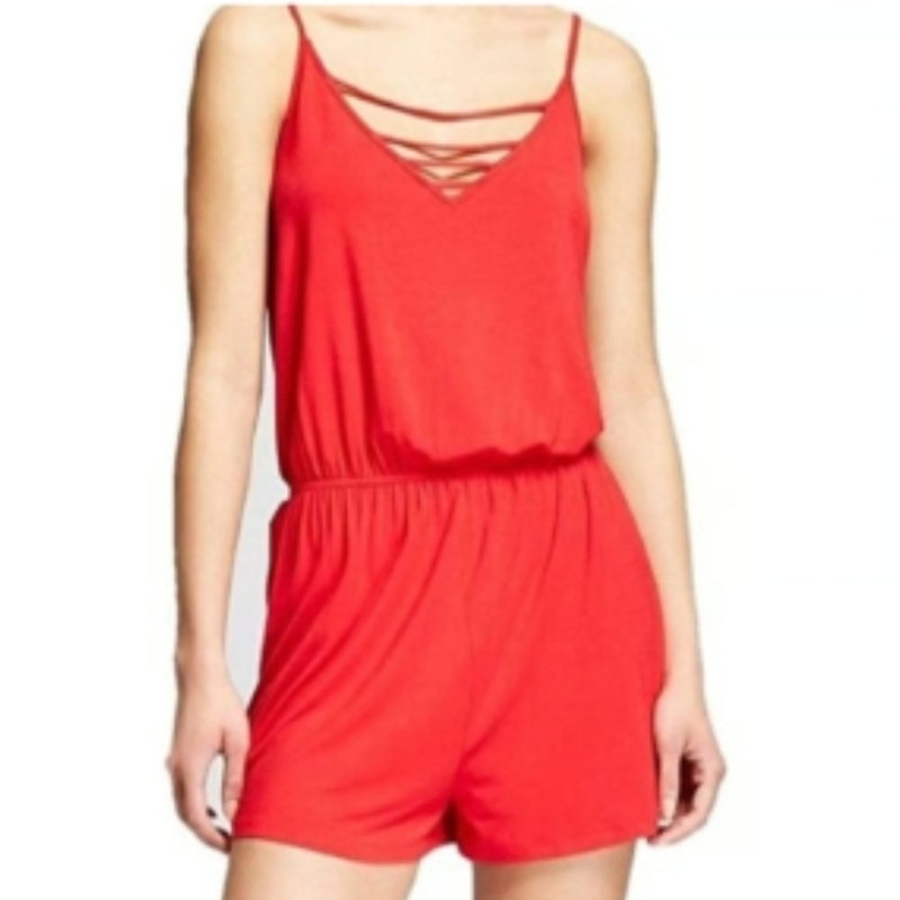 Missimo Women's Sleeveless Strappy V-Neck Airy Romper, RED- LARGE